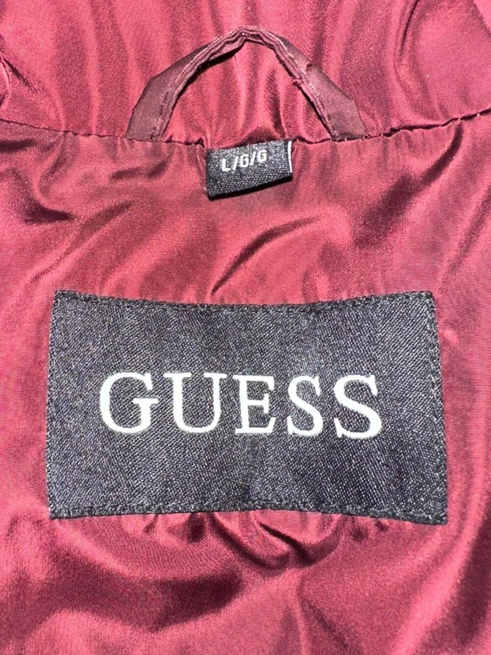Guess Puffer Jacket Womens Large Red Removable Faux Fur Trim Hood Full Zip sz L